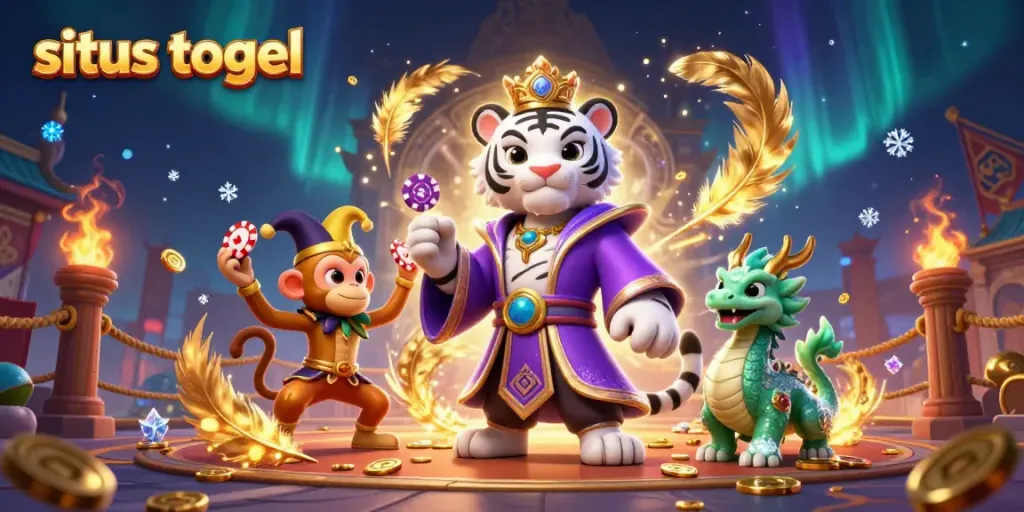 Situs togel scene with a majestic tiger, a juggling monkey, and a jade dragon, rich in casino elements.