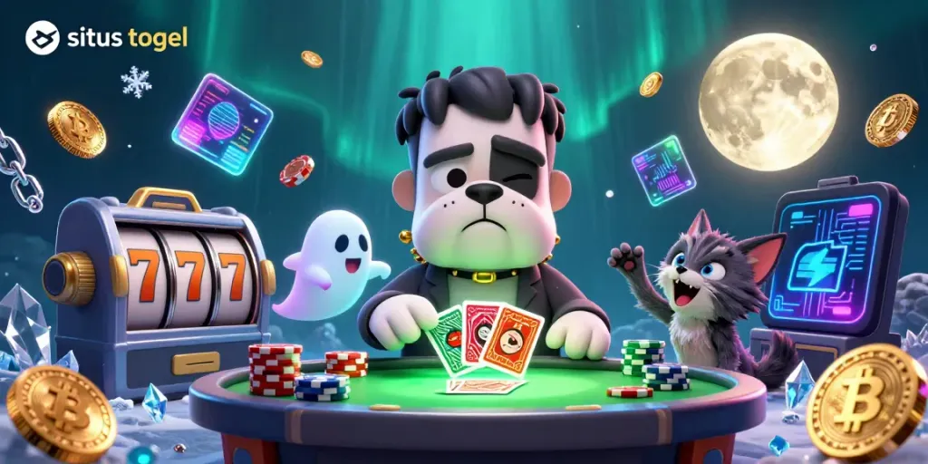 Experience situs togel action with a 3D bulldog monster dealer, coins, and glowing elements.