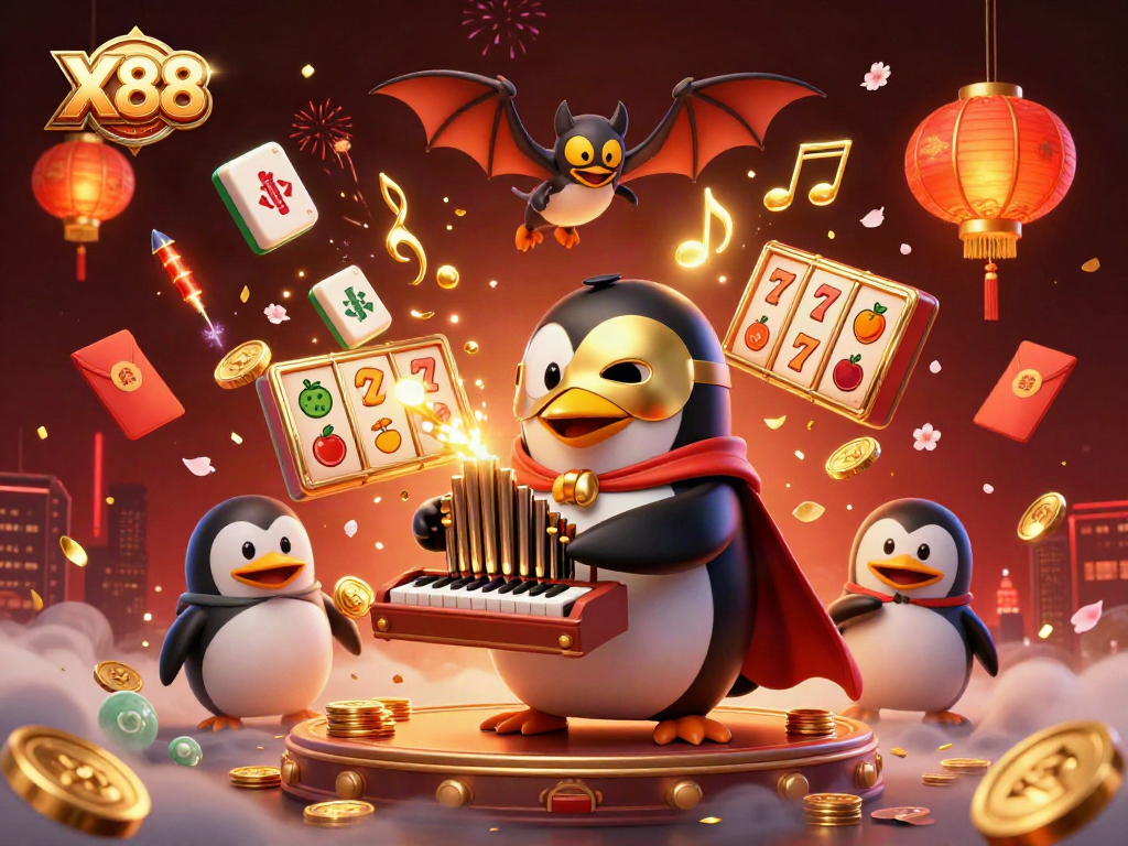 X88-themed illustration showcasing a cartoon penguin generating coins from an organ amidst vibrant casino elements.