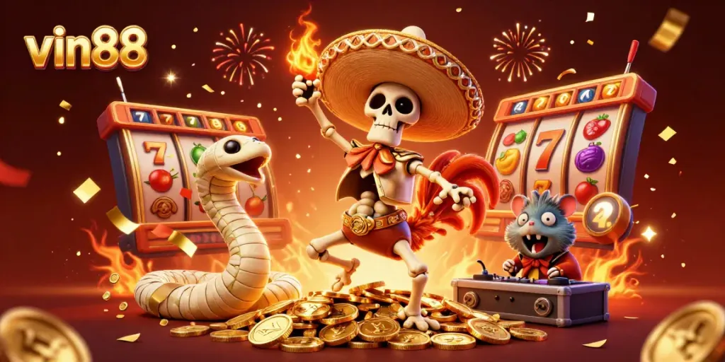 Experience epic wins at vin88 with a vibrant 3D casino scene of joyous characters and rich symbols.