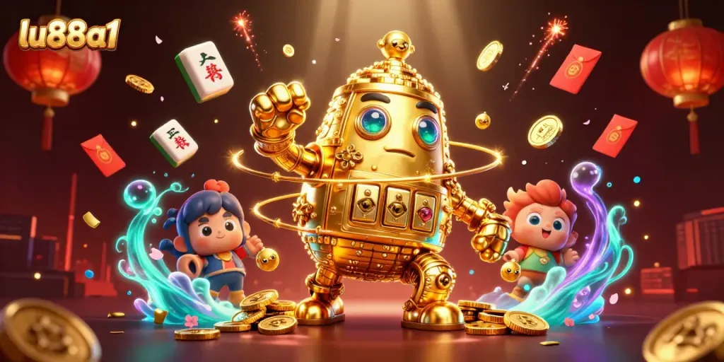 Join the excitement at lu88a1 with a vibrant 3D slot adventure featuring golden golems and festive symbols.