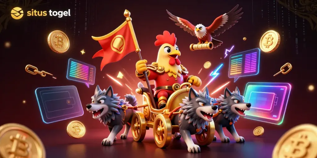 Experience situs togel excitement with a lively 3D rooster warlord scene featuring dynamic elements.