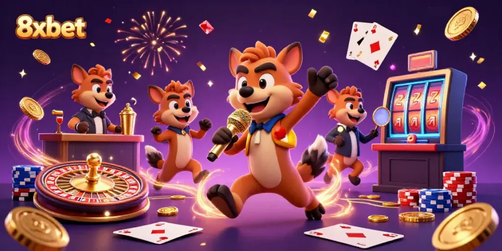 Experience the fun at 8xbet's vibrant casino with hyenas showcasing laughter, drinks, and excitement.