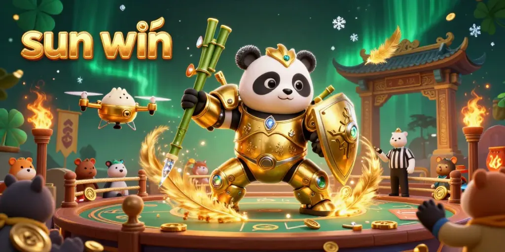 Experience sun win's dynamic gambling arena with a panda in a mech-suit, showcasing epic moments and vibrant gaming energy.