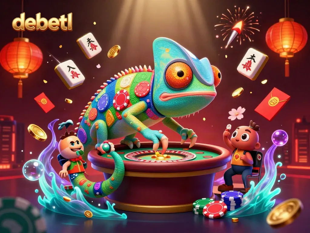 Experience exciting gaming with debetl's vibrant chameleon casino owner, surrounded by rich gaming elements.