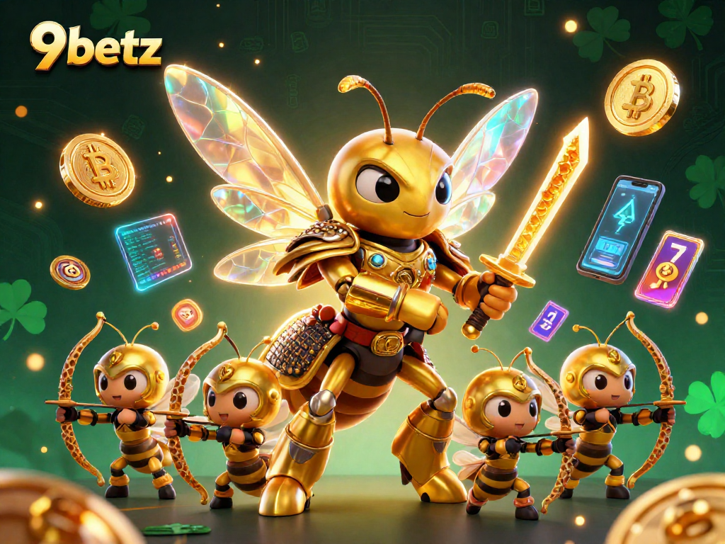Engage with 9betz's vibrant casino atmosphere featuring a golden hornet samurai amidst crypto elements.