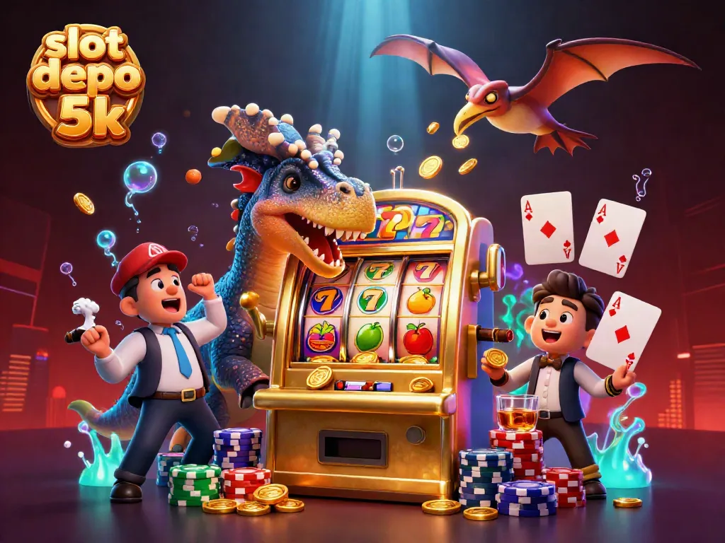Experience slot depo 5k excitement as a dinosaur interacts with a golden slot machine.