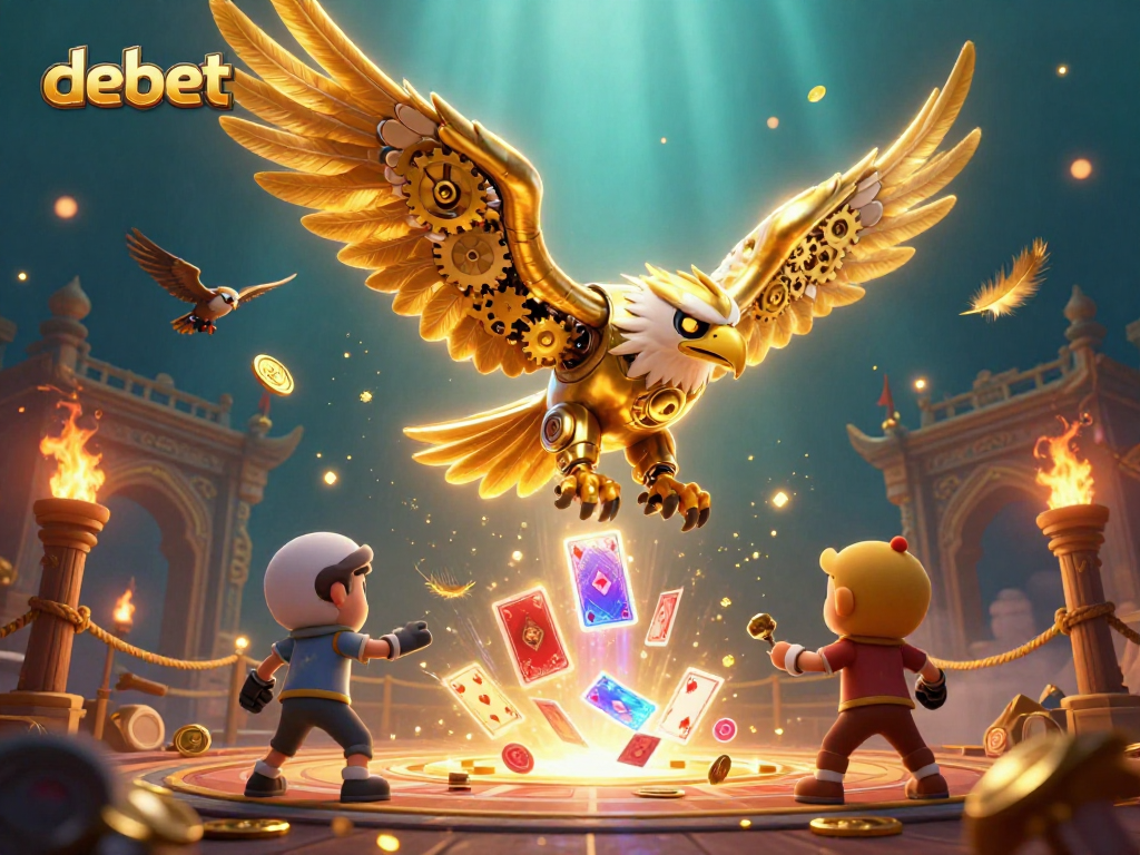 Experience the excitement of debet with a dynamic scene featuring a cybernetic eagle amidst swirling gaming elements.