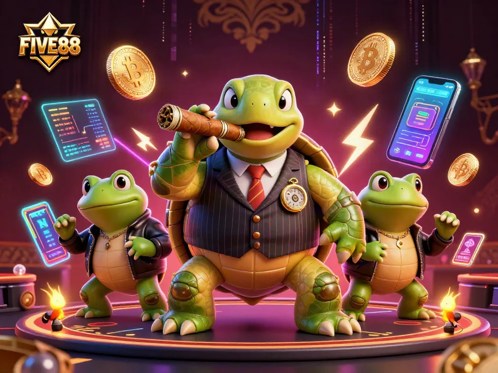 Experience the excitement at FIVE88, featuring a unique casino scene with a turtle in a suit and animating gaming elements.