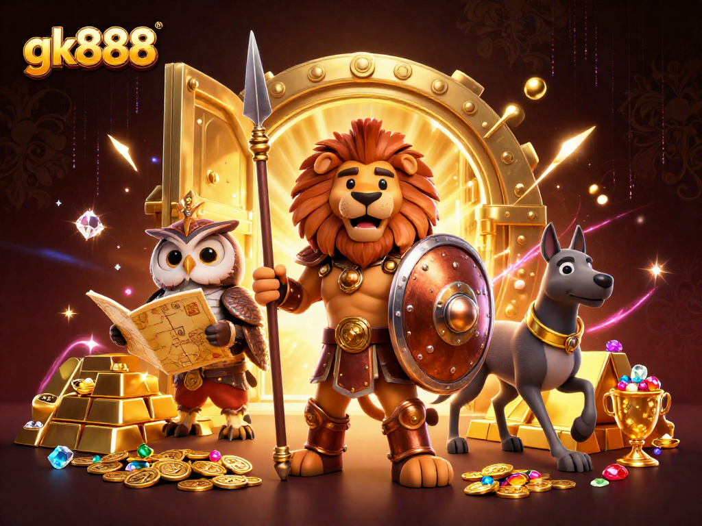Engage with exciting gk888 gaming experiences, featuring a Spartan lion, owl strategist, and greyhound messenger in a treasure-filled scene.