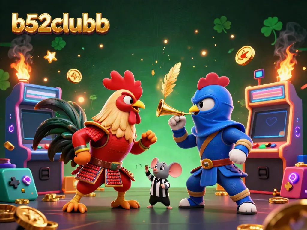 Experience thrilling action with b52clubb's roosters in samurai and ninja styles battling amid colorful gambling elements.
