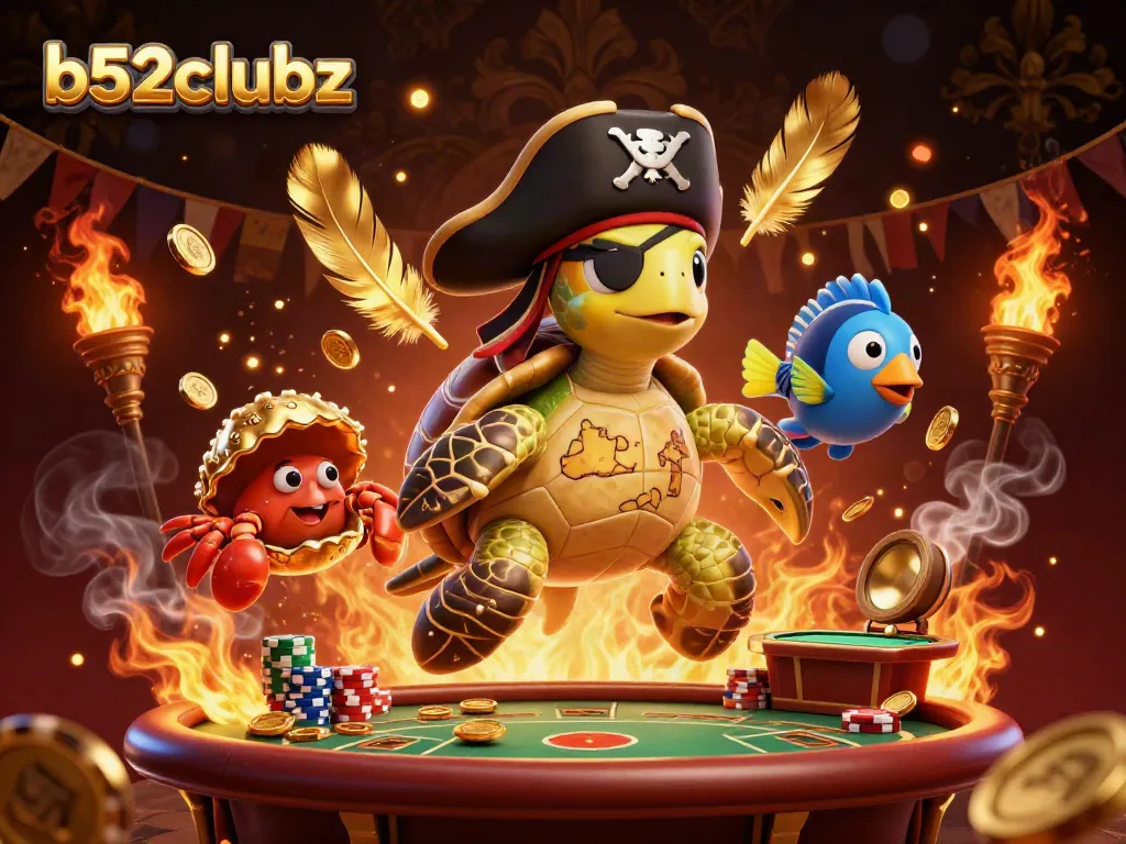 Join the adventure with b52clubz as a pirate turtle hunts treasure amongst poker and golden coins.