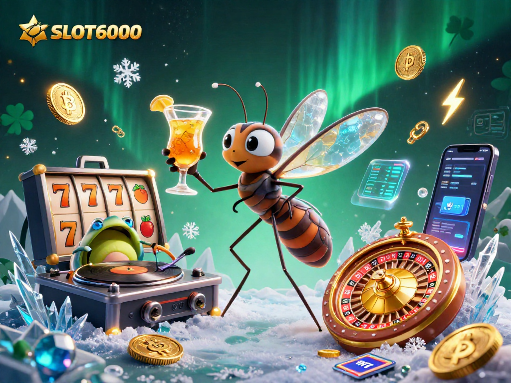 SLOT6000 engages players with an exciting scene of a vibrant casino mascot and dynamic DJ elements.
