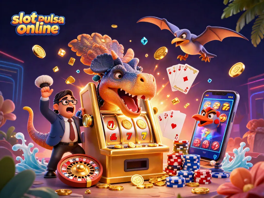 Engage with slot pulsa online as a pachycephalosaurus wins jackpots amidst vibrant casino chaos.