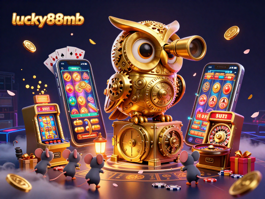 Engage with lucky88mb's vibrant 3D casino scene featuring a golden owl and dynamic gaming elements.