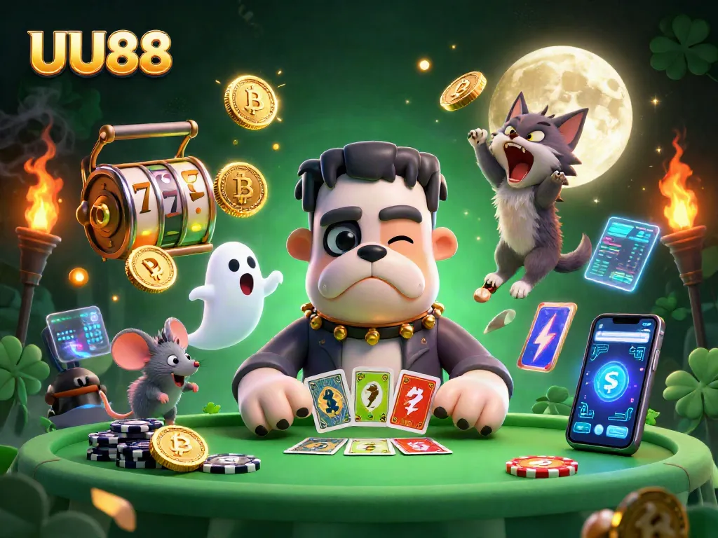 Engage in thrilling gameplay with UU88 while a Frankenstein bulldog deals cards at a spooky casino table.