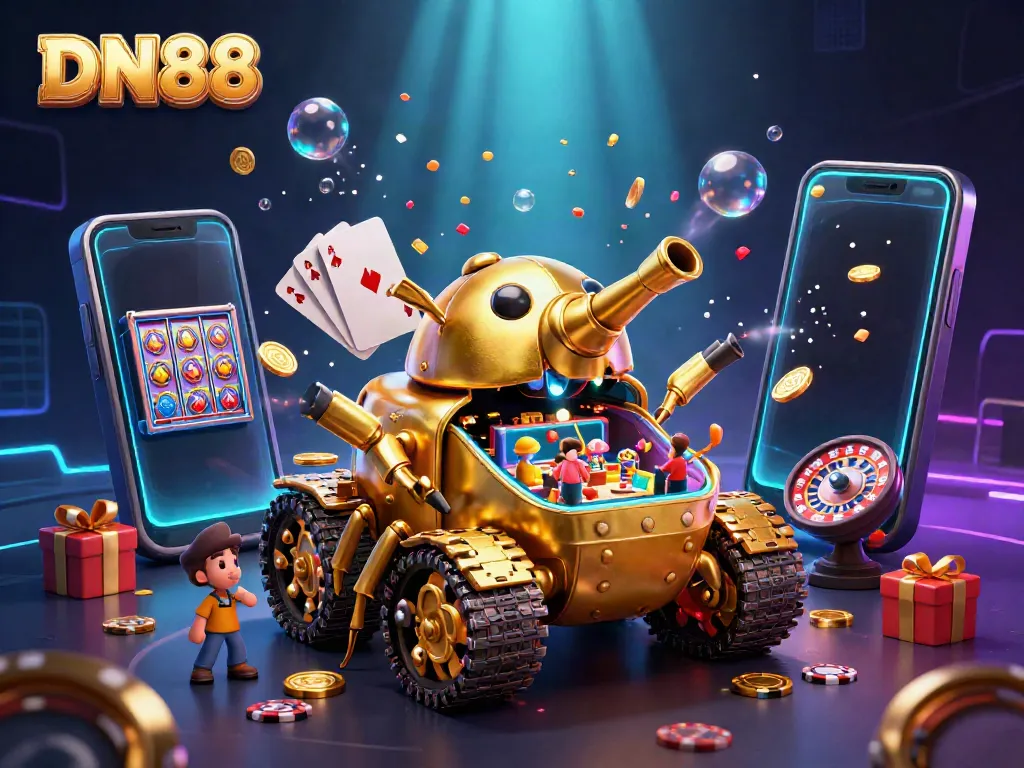 Experience the thrill of DN88 with a vibrant 3D casino scene featuring dynamic game elements and rich visual effects.