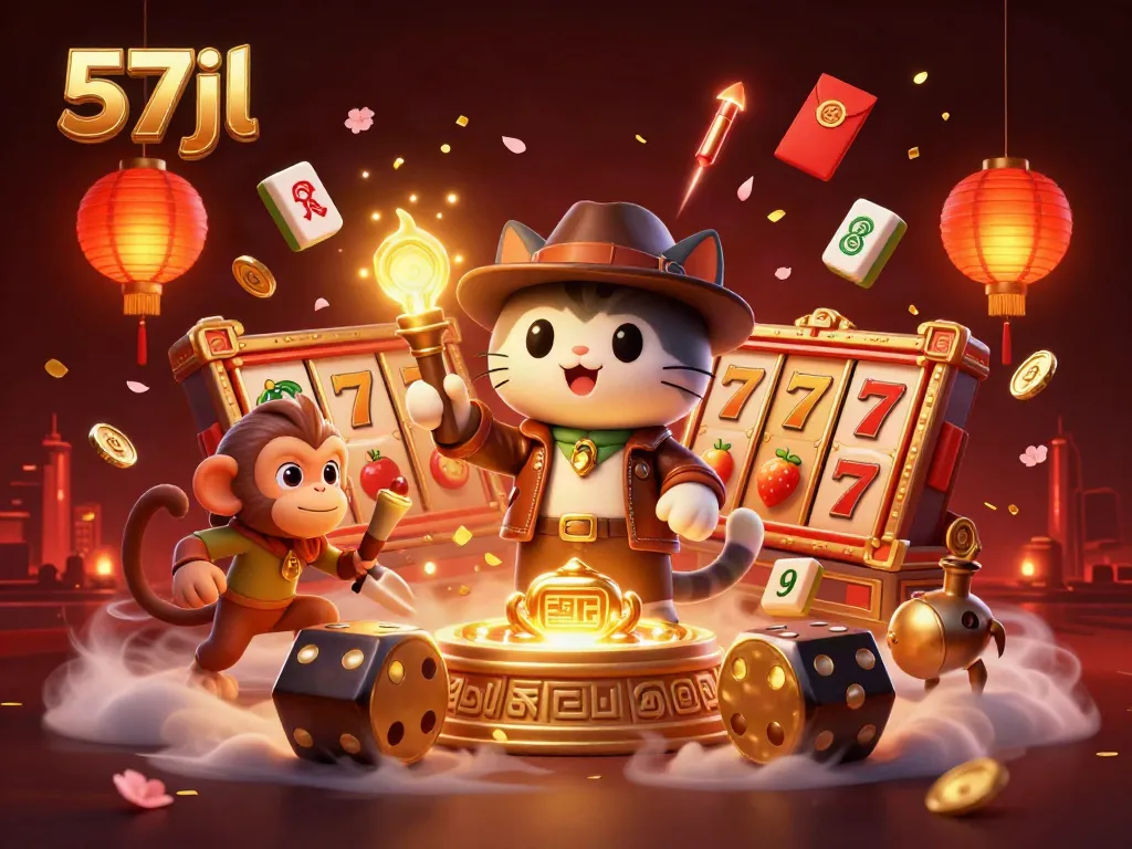 Win big with 57jl slots featuring vibrant characters and lucky symbols in a dynamic scene.