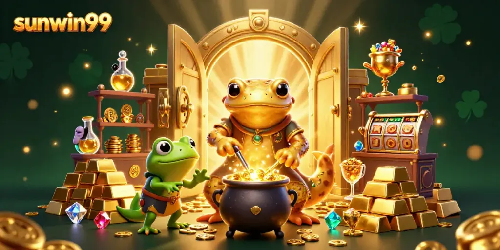 Spin and win with sunwin99 in an enchanting 3D casino world filled with gold and riches.