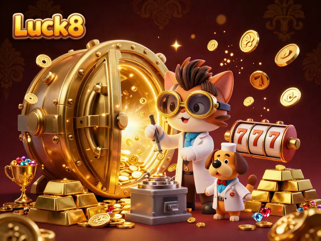 Experience the excitement of Luck8 with a vibrant 3D scene of a mad scientist cat and lab assistant among gold and gaming elements.