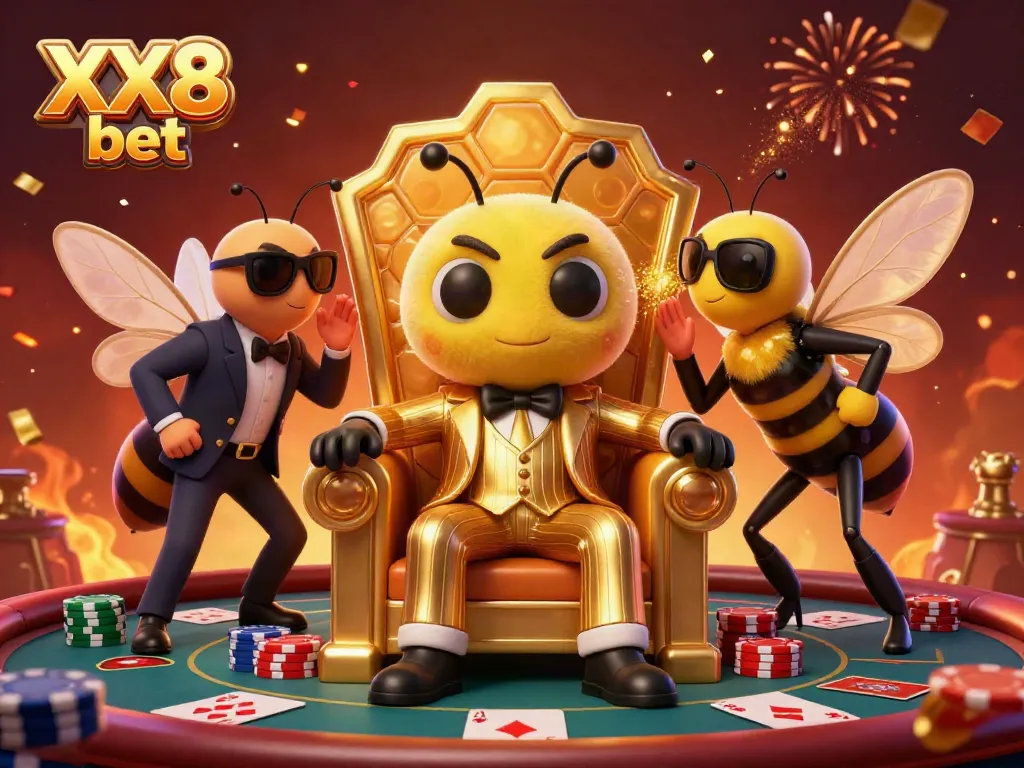 Engage in thrilling games at XX8 bet with an energetic casino scene featuring vibrant characters and elements.