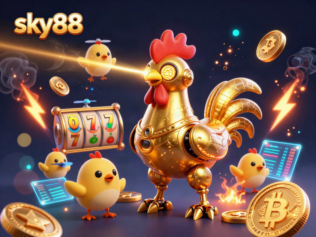 Join the excitement at sky88 with a vibrant 3D illustration of a golden rooster robot amidst casino elements.