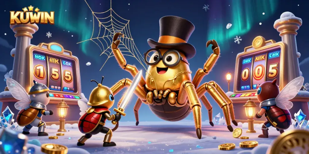 Experience the thrill of KUWIN with a giant golden tarantula at a lively casino setting.