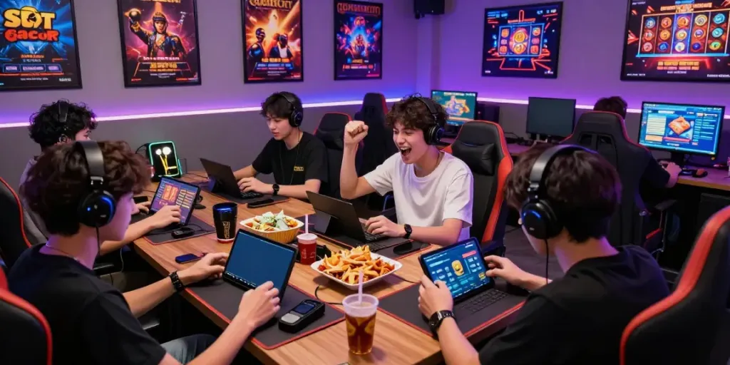 Excited players engage with Slot gacor apps in a vibrant gaming lounge atmosphere.