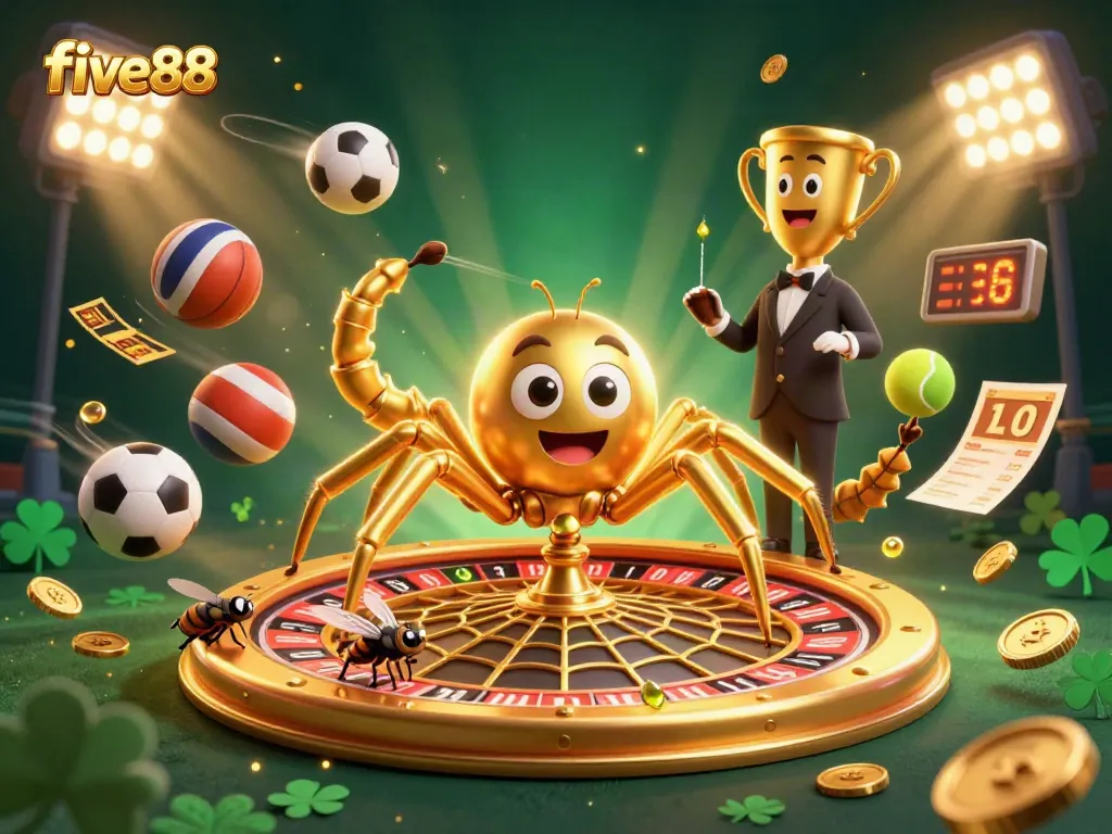 Experience the excitement of five88 with this vibrant 3D scene featuring casino elements and sports betting thrills.