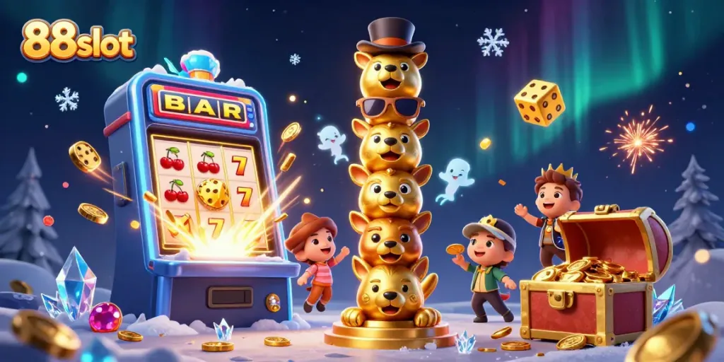 Engage with 88slot's thrilling atmosphere featuring a 3D animated totem pole, lively casino elements, and a jackpot celebration.