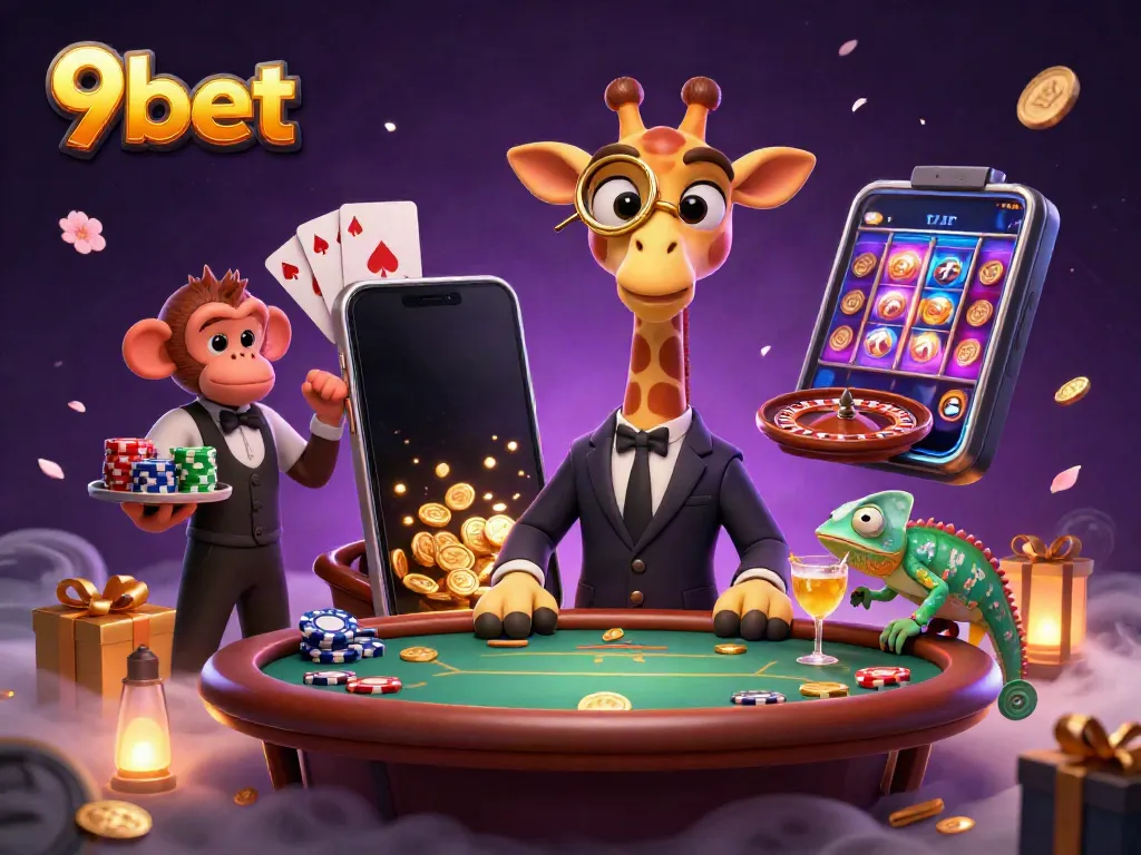 Experience the excitement of 9bet with a vibrant scene featuring a high-roller giraffe and casino action.