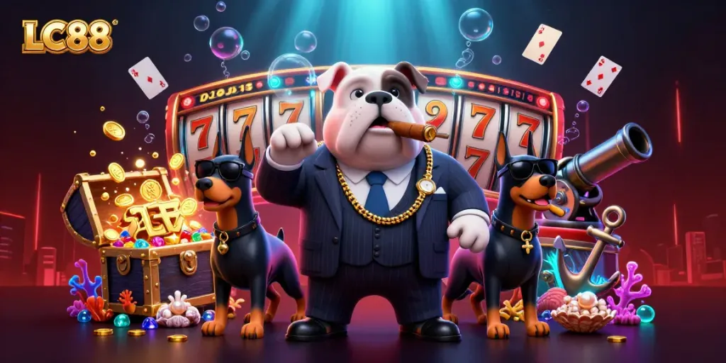 Experience the thrilling world of LC88 casino gaming with an animated mafia boss and Doberman bodyguards, showcasing vibrant slot elements.