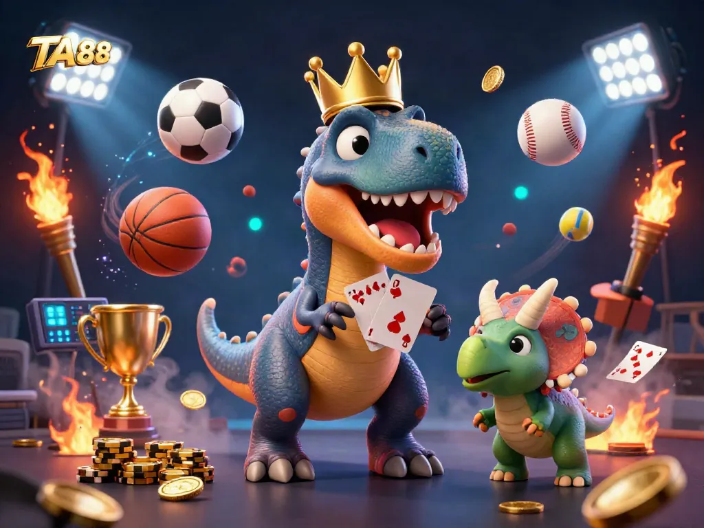 TA88 entertains with lively dinosaurs shuffling cards and stacking chips in a vibrant animated casino scene.