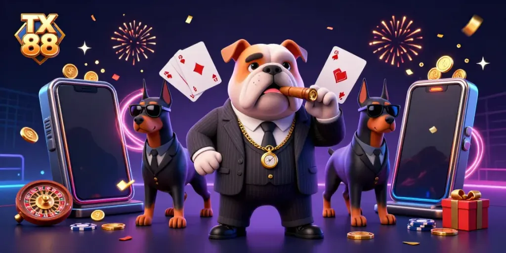 Experience the excitement of TX 88 with a mafia boss and bodyguards amidst casino elements.