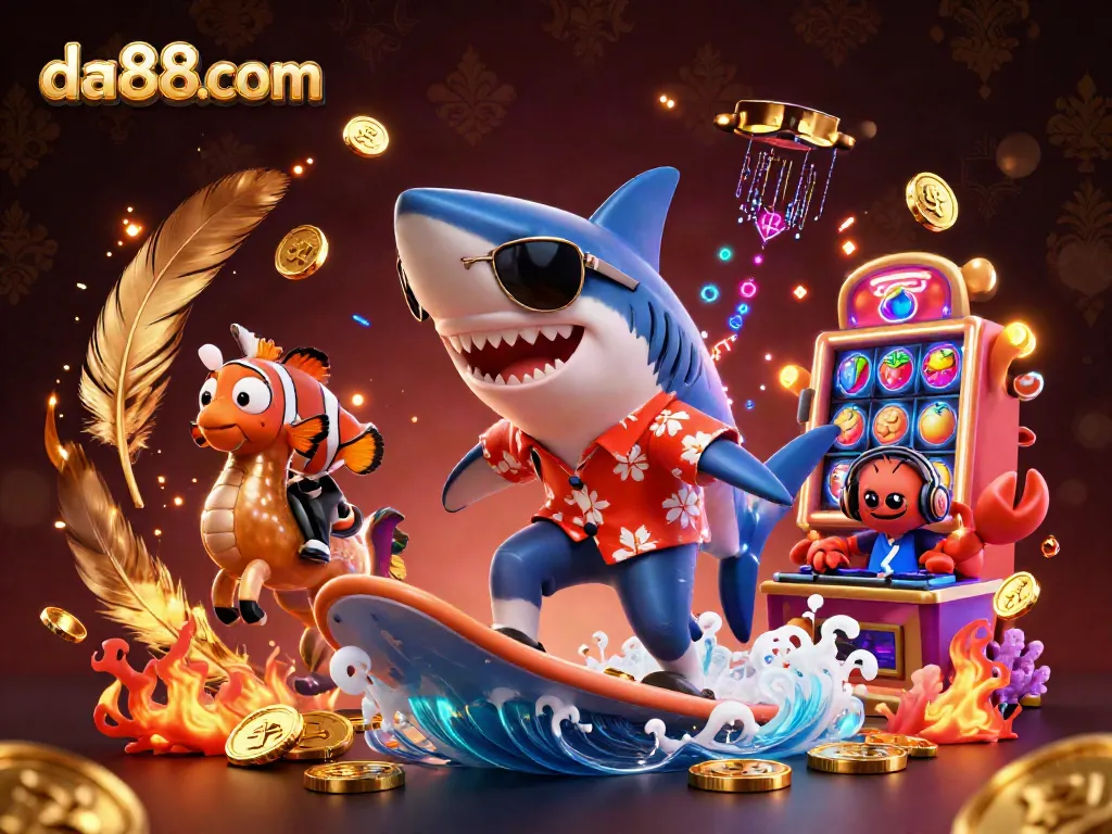Engage in gaming excitement at da88com with a vibrant casino scene featuring a shark and clownfish.