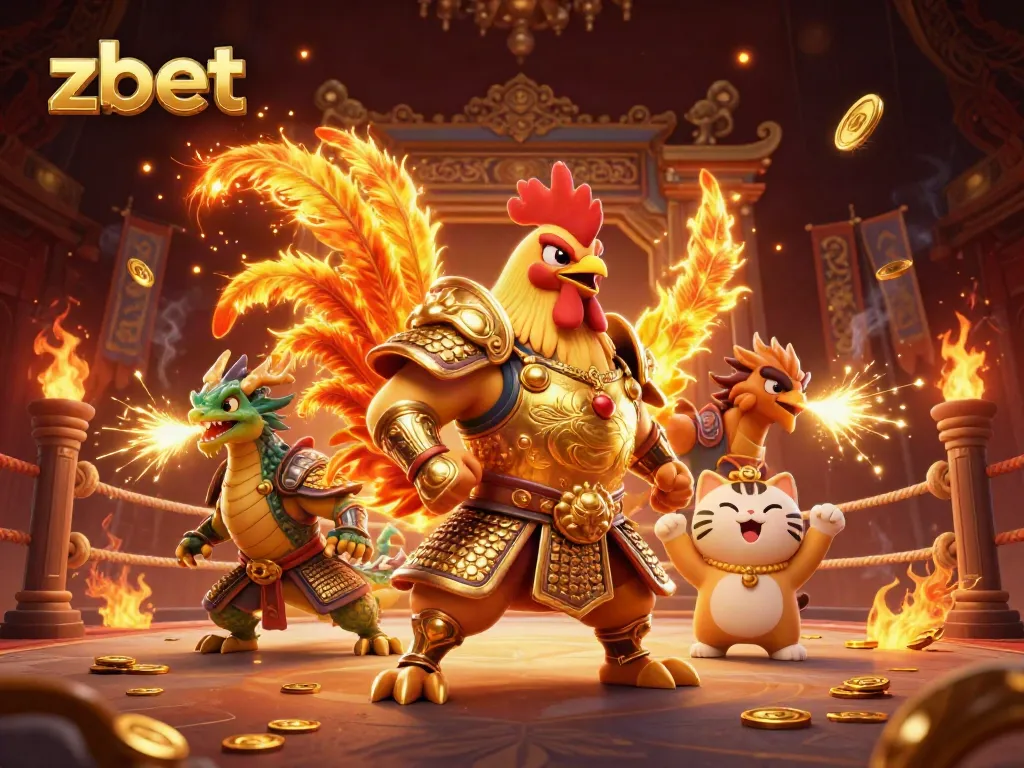 Zbet's vibrant 3D depiction showcases a cockfighting arena with powerful characters and gold elements.