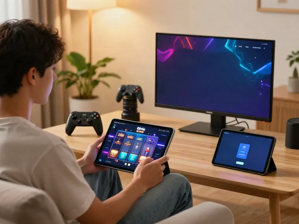 Enjoying slot qris gameplay on a tablet in a cozy home setting with vibrant gaming elements.
