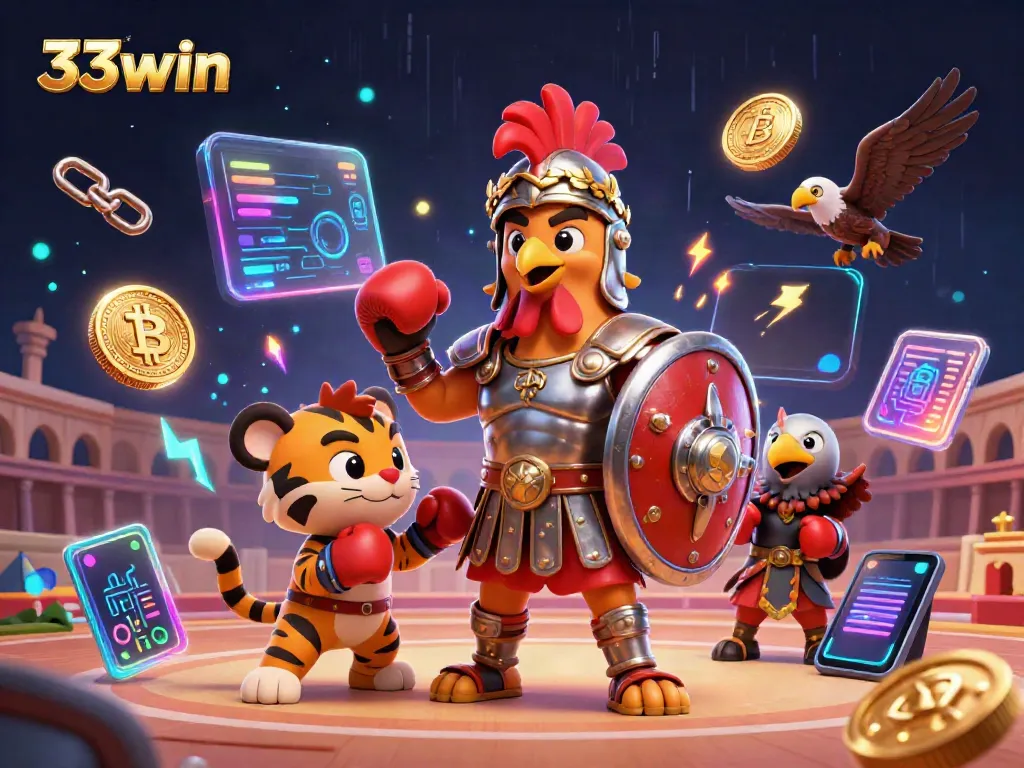 Experience the thrill of 33win with a dynamic scene featuring a gladiator rooster, tiger cub, and eagle in a vibrant crypto casino setting.