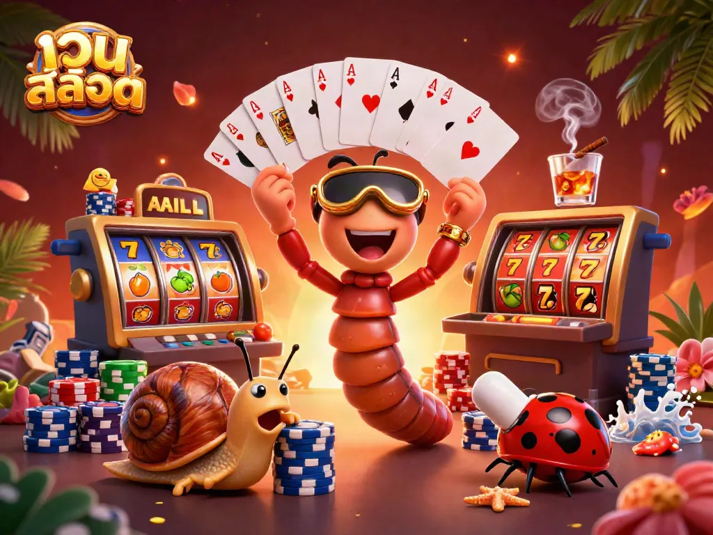 Engage with เว็บ สล็อต as a cartoon millipede dealer showcases an exciting casino scene with vibrant slot elements.
