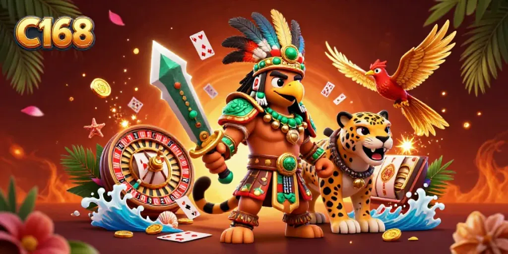 C168 showcases an exciting casino scene with an Aztec warrior and playing cards amidst vibrant colors.