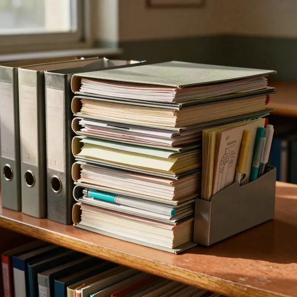 Tabbed bindery i zakładki w szkolnym kąciku konsultacji, ciepłe światło