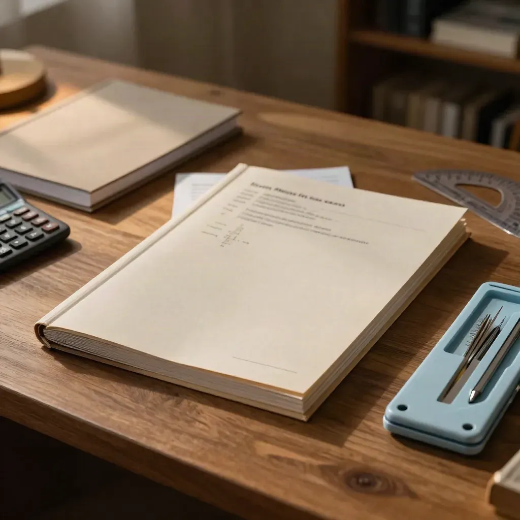 Wieczorne biurko do matematyki z kalkulatorem, ekierkami i zamkniętą teczką w ciepłym świetle lampy.