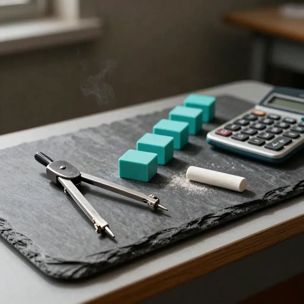 Kompas geometryczny, kostki algebraiczne, kreda i kalkulator na szkolnej ławce