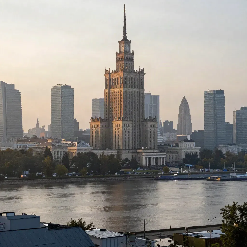 Warszawa o zmierzchu, Pałac Kultury nad mgłą Wisły i spokojną przestrzenią na tekst