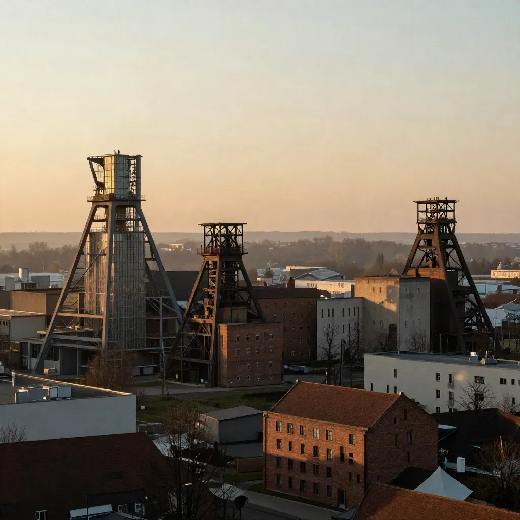 Śląskie: industrialne wieże i ceglane hale nad spokojną mglistą kotliną w złotej godzinie
