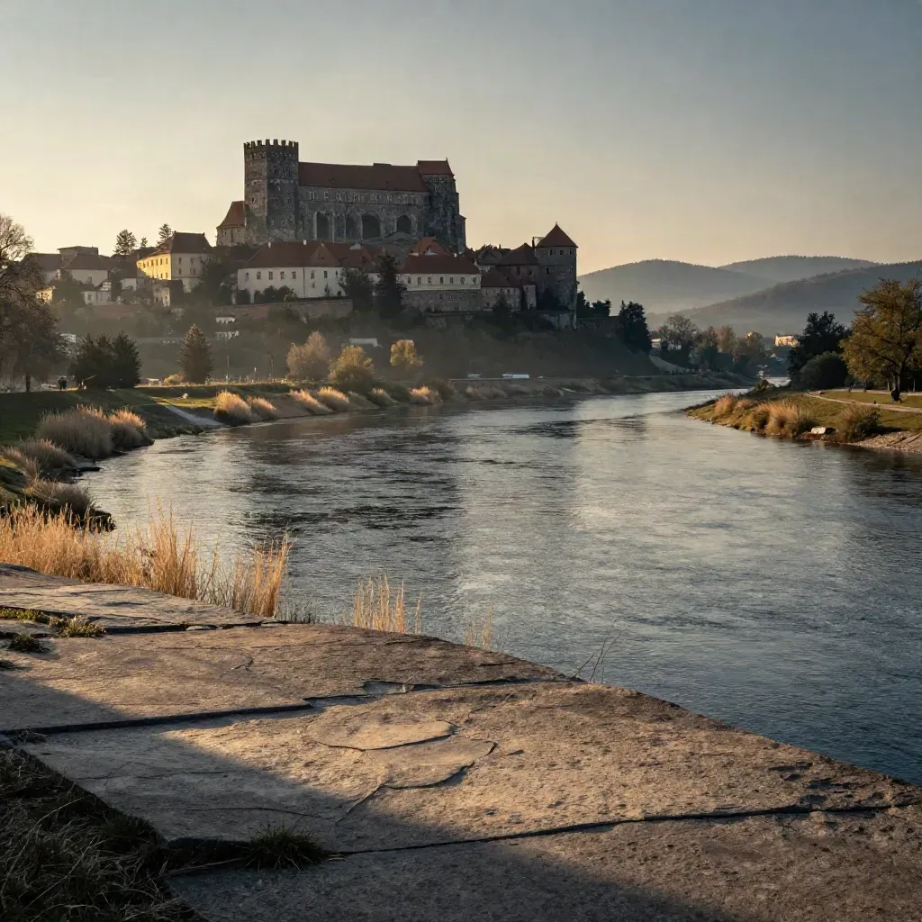 Wawel i zakole Wisły o zmierzchu, w delikatnej mgle nad Małopolską