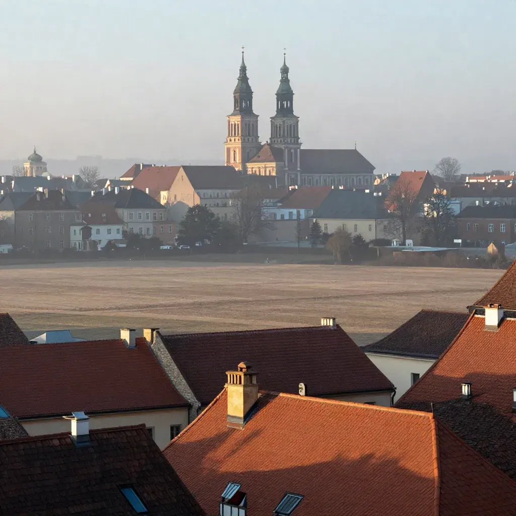 Wieże Poznania i niskie dachy w porannej mgle nad spokojnym Wielkopolskim.