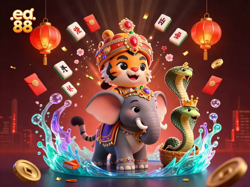 Experience the thrill of ea 88 with a vibrant 3D illustration featuring a maharaja tiger, jewel-encrusted elements, and festive casino symbols.