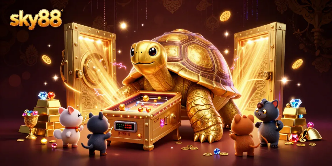Sky88 showcases a vibrant gambling scene with a colossal golden tortoise and treasure details, emphasizing excitement.