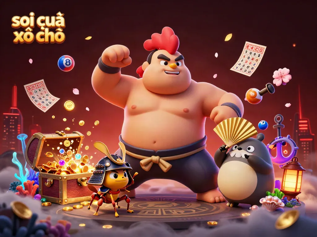 Engaging scene of soi cầu xổ số, featuring sumo wrestler rooster, samurai cricket, and tanuki announcer with vibrant game elements.
